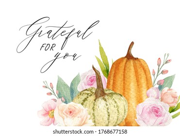 Thanksgiving or Friendsgiving greeting card. Celebration quotation on autumn background with leaves, floral elements, and pumpkin in fall colors. Watercolor background. - Powered by Shutterstock