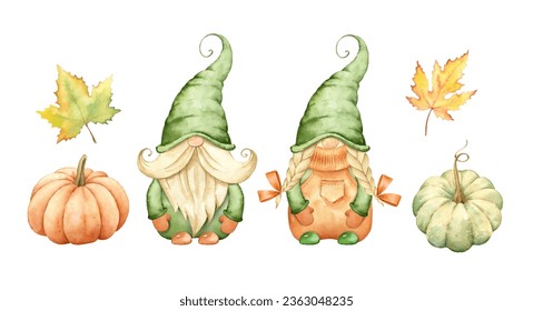 Thanksgiving gnomes with pumpkin and fall leaves.Watercolor illustration isolated on white background.
