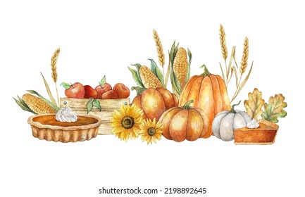 Thanksgiving, harvest day watercolor illustatration concept. Horizontal border with pumpkins, pumpkin pie, corn cobs, apples, sunflowers and wheat. Thanksgiving day card. - Powered by Shutterstock