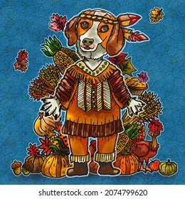 Thanksgiving Harvest Festival And A American Native Indian Outfit Dog In Colonial Times