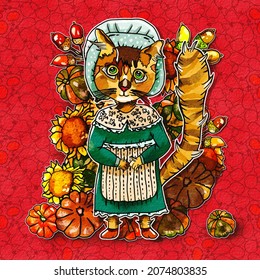 Thanksgiving Harvest Festival Colonial Cat Dressed In Colonial Outfit