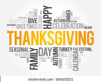 Thanksgiving is a national holiday celebrated on various dates in October and November, word cloud concept background - Powered by Shutterstock