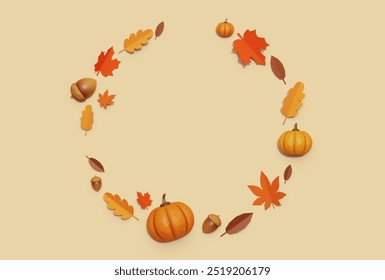 Thanksgiving pumpkins, acorns and fallen leaves circular frame background 3D graphics - Powered by Shutterstock