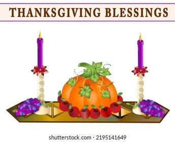  Thanksgiving Table Runner With Purple Candles And Large Pumpkin And Grapes.  Isolated On White Background.