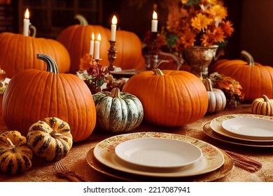 a Thanksgiving table set up with pumpkins and harvest and  Halloween decorations 3d illustration candles plates place settings knives forks and spoons festival  - Powered by Shutterstock