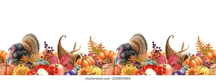 Thanksgiving traditional decor seamless border warm autumn colors. Watercolor vintage style illustration. Thanksgiving decoration, cornucopia, fruit, ripe pumpkins, turkey bird seamless pattern - Powered by Shutterstock