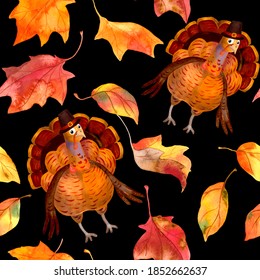 Thanksgiving Turkey Birds In Hats And Autumn Maple Leaves. Watercolor Seamless Pattern On Black Background