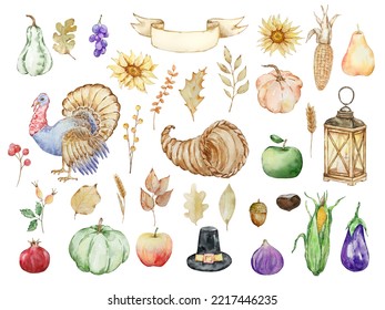 Thanksgiving Watercolor Big Set, Cornucopia, Turkey And Fruits, Berries Isolated