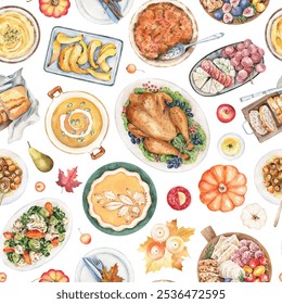 Thanksgiving watercolor seamless pattern with hand drawn illustrations, holiday dinner, stuffed turkey, pumpkin pie, soup,  traditional dishes. Holiday food, celebration table design - Powered by Shutterstock