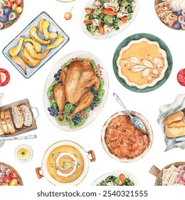 Thanksgiving watercolor seamless pattern with hand drawn illustrations, holiday dinner, stuffed turkey, pumpkin pie, soup,  traditional dishes. Holiday food, celebration table design - Powered by Shutterstock