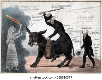 'The Modern Balaam And His Ass', Showing President Andrew Jackson Riding The Democratic Party Donkey While President Martin Van Buren Comments Approvingly. Watercolored Engraving, 1837.