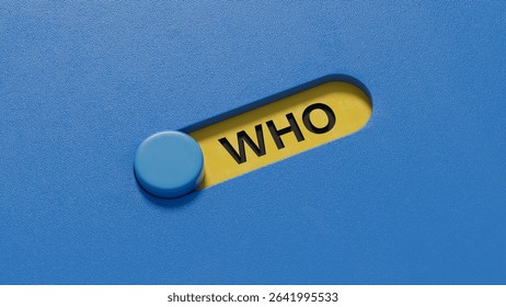who? .the word spelled out using slide switch. Education concept.3D rendering on blue background.