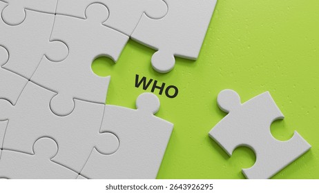 who? .the word spelled out using The white puzzle pieces with missing pieces. Education concept.3D rendering on green background.