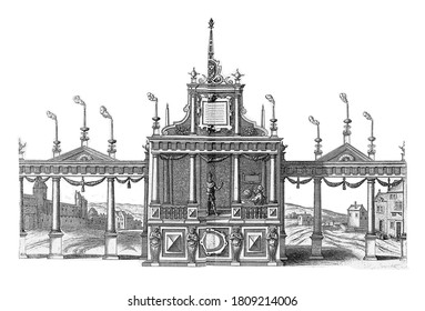 Theater and the emperor Rudolf I in 1273  the right scientist and globe  A colonnade and torches either side the stage  vintage engraving 