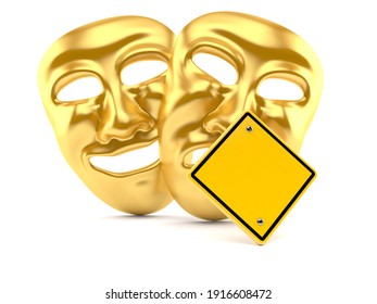 Theater Masks with blank road sign isolated on white background. 3d illustration