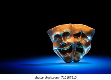 Theater Masks, Drama And Comedy On A Dark Background / 3D Rendering