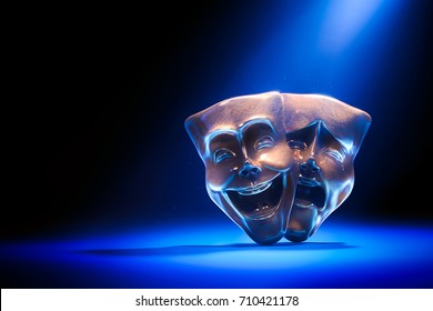 Theater Masks, Drama And Comedy On A Dark Background / 3D Rendering