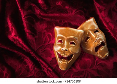 Theater masks, drama and comedy on a red curtain / 3D Rendering, Mixed media.
