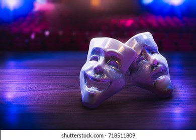 Theater masks, drama and comedy on a dark background / 3D Rendering, Mixed media.