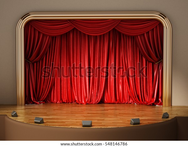 閉じた赤いカーテンを持つ劇場の舞台 3dイラスト のイラスト素材