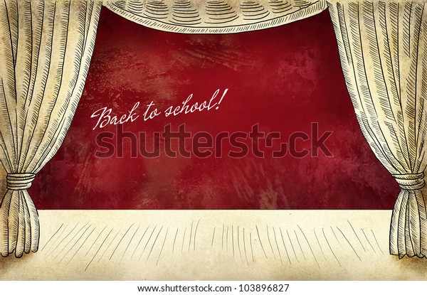 Theater\
stage with curtain and inscription Back to\
school
