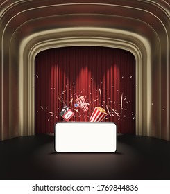 Theater Stage Curtains Show Spotlight. Watching Movies Cinema Online Entertainment Media On Smartphone With Popcorn, Clapperboard And Stereoscopic Glasses. Screen With Clipping Path. 3D Illustration.