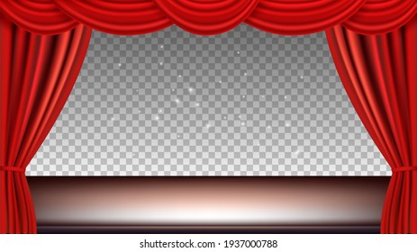 Theater Stage. Festive Background Audience Movie Opera Light With Red Silk Curtains. Realistic Curtains And Stage Isolated On Background