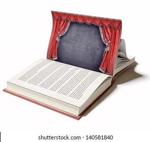 Theater stage with red curtains on the book page (illustrated concept)