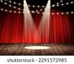 Theater stage with red curtains  with spotlights performance lights showing and  light garland. Wooden floor.  Space for text or elements.