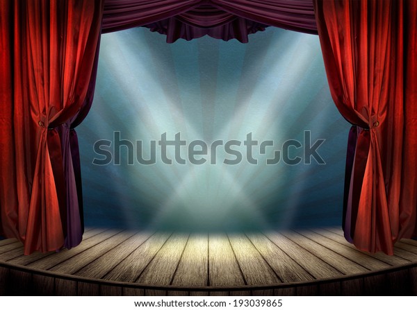 Theater stage with red curtains and spotlights.\
Theatrical scene in the light of searchlights, the interior of the\
old theater.