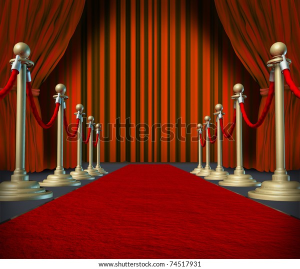 Theater stage with red velvet cinema\
curtain drapes and brass dividers on important\
carpet.