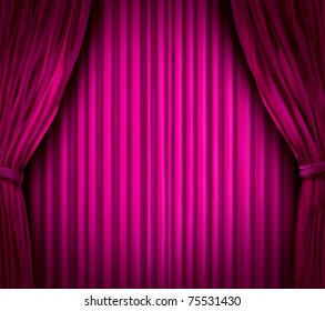 Theater Stage With Spot Light On Pink Velvet Cinema Curtain Drapes.