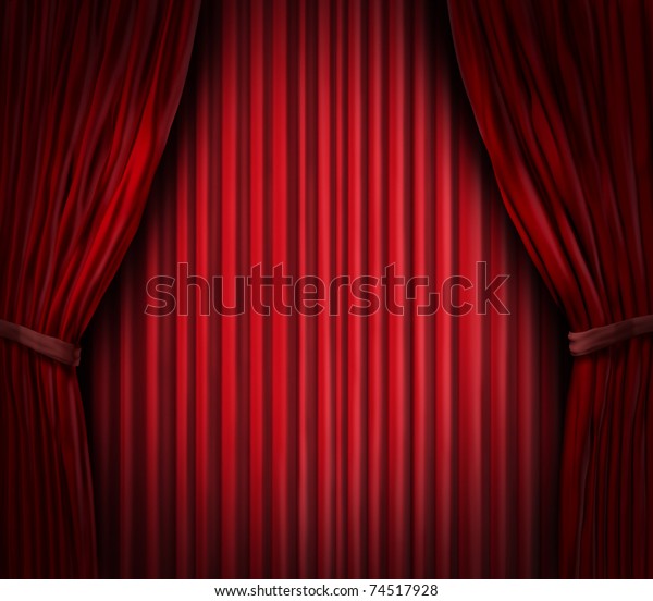 Theater stage with spot light on red velvet\
cinema curtain\
drapes.