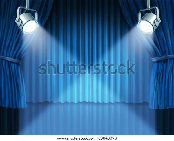 Theater stage with spotlights on blue velvet\
cinema curtain and drapes representing the entertainment\
communications concept of an important announcement in a rich\
cinema and theater\
environment.
