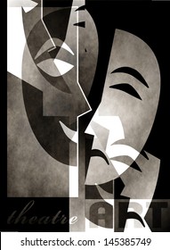 Theatre poster template in simple classic style with happy and sad mask.