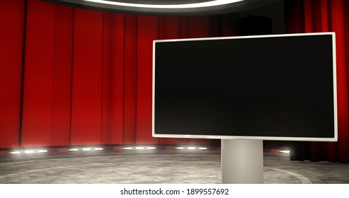 Theatrical TV show virtual studio set with an empty screen monitor. A photo realistic 3D render, Ideal for virtual tracking system sets, with green screen