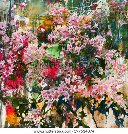 Theme with pink flowers, abstract background oil painting and mixed media                                     