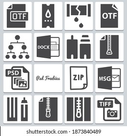 Theorem Icons Set, Simple Set Of 16  Includes Ticket, Hierarchy, Msg Symbol With Envelope, Tiff File, Docx File Variant, Psd Freebies, Zip, Otf, Broken Pipe Symbols