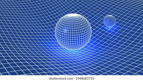 The theory of gravity and general relativity. Earth and Sun over warped spacetime. Sphere is affecting space time around it. 