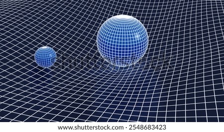The theory of gravity and general relativity. Earth and Sun over warped spacetime. Sphere is affecting space time around it. 