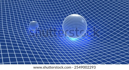 The theory of gravity and general relativity. Earth and Sun over warped spacetime. Sphere is affecting space time around it. 