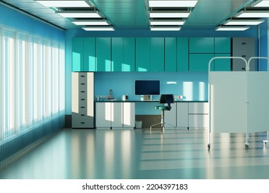 Therapist Doctor Office. Interior Of Modern Clinic. Doctors Office With Large Windows. Place Of Work Of Therapist With Computer. Hospital Room With Doctors Desk Near Wall. Hospital Office. 3d Image.