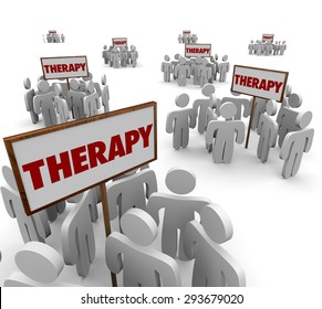 Therapy signs and patients gathered around them in group sessions to talk about problems or illness and cures or treatments - Powered by Shutterstock