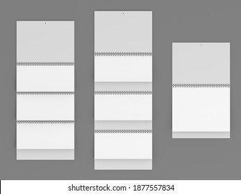 There are three types of quarterly wall calendars: a calendar with three advertising fields, a calendar with one advertising field and a 3 in 1 calendar. Mockup. 3D rendering. Frontal view.