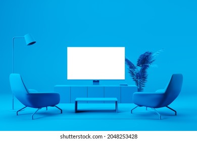 There Are Two Armchairs In Front Of The TV In The Blue Living Room. The Concept Of Viewing Movies And TV Shows Online With The Whole Family. 3d Rendering.