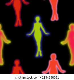 Thermal Camera Imaging Abstract Human Silhouettes Seamless Pattern Trendy Fashion Colors Neon Heat Mapping Designs Black Background