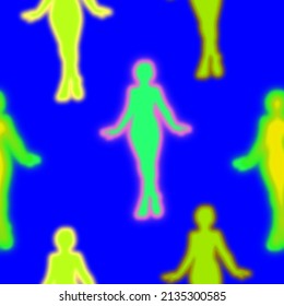 Thermal Camera Imaging Abstract Human Silhouettes Seamless Pattern Trendy Fashion Colors Neon Heat Mapping Designs Sax Blue Background