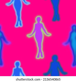 Thermal Camera Imaging Abstract Human Silhouettes Seamless Pattern Trendy Fashion Colors Neon Heat Mapping Designs Fuchsia Background