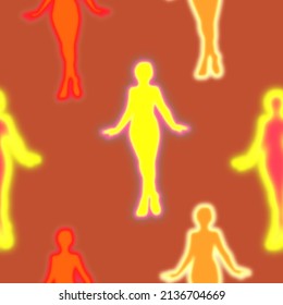 Thermal Camera Imaging Abstract Human Silhouettes Seamless Pattern Trendy Fashion Colors Neon Heat Mapping Designs Amber Brown Background