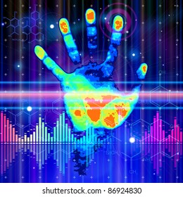 Thermall handprint, blue technology background, lights, chemical formulas & digital wave. Bitmap copy my vector ID 72681946